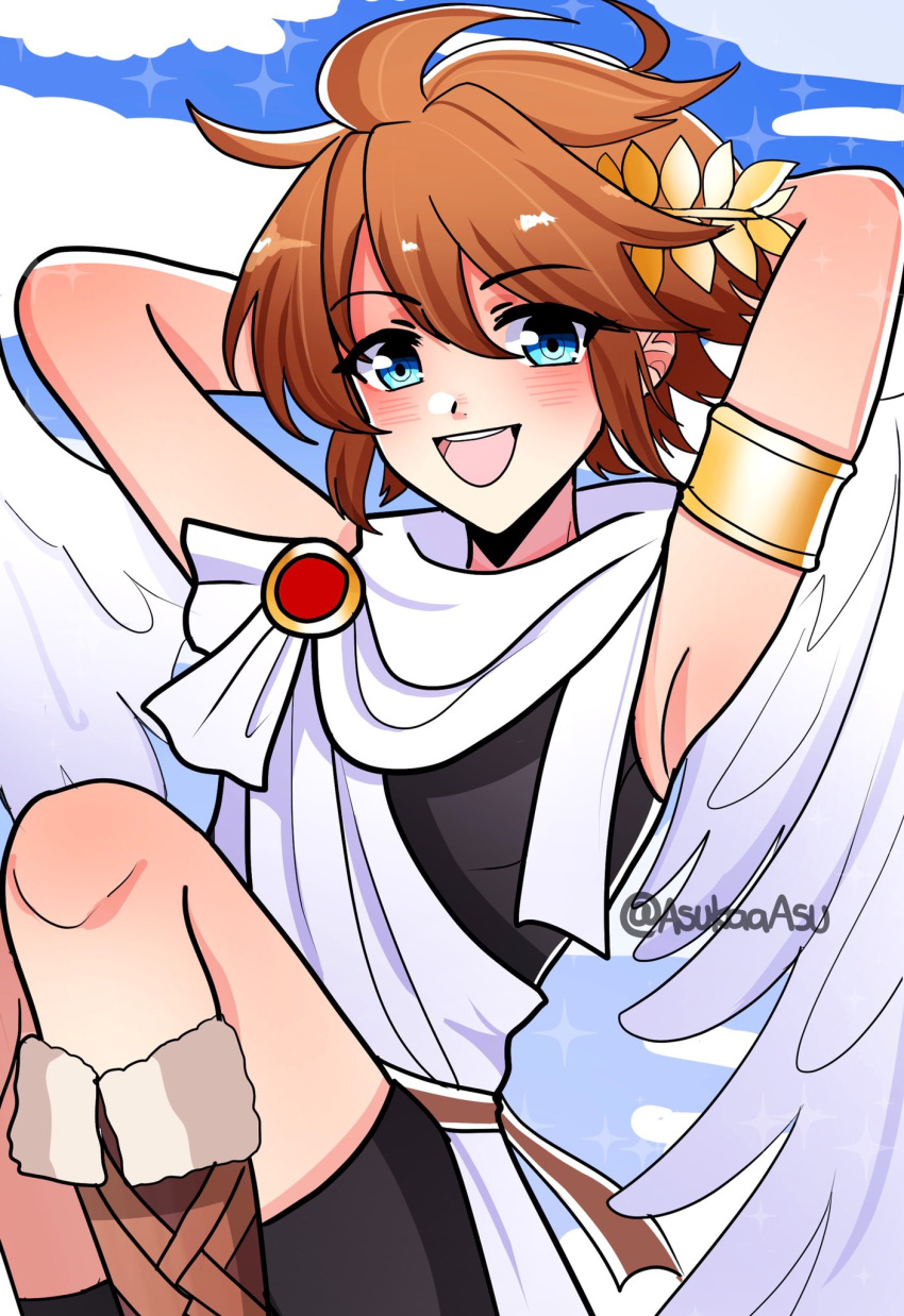 1boy angel angel_wings armlet arms_behind_back asukaaasuu blue_eyes blush cloud highres kid_icarus kid_icarus_uprising laurel_crown looking_at_viewer pit_(kid_icarus) sky smile sparkle teeth tongue twitter_username upper_teeth white_wings wings