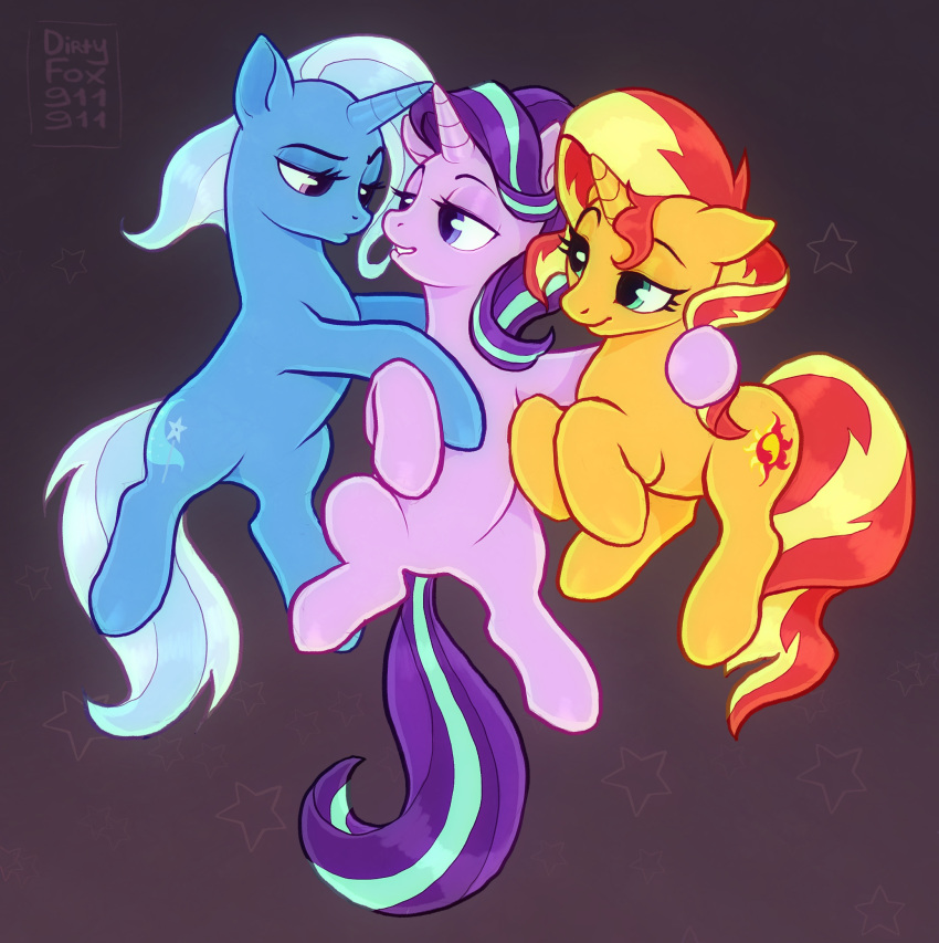 2022 bedroom_eyes bite biting_lip biting_own_lip blue_body blue_hair blue_tail cutie_mark dirtyfox911911 embrace equestria_girls equid equine eye_contact eyelashes featureless_crotch female female/female feral friendship_is_magic group hair half-closed_eyes hasbro hi_res horn hug looking_at_another mammal multicolored_hair my_little_pony narrowed_eyes orange_body pink_body purple_body purple_hair purple_tail red_hair red_tail seductive self_bite signature simple_background starlight_glimmer_(mlp) sunset_shimmer_(eg) trio trixie_(mlp) two_tone_hair two_tone_tail unicorn