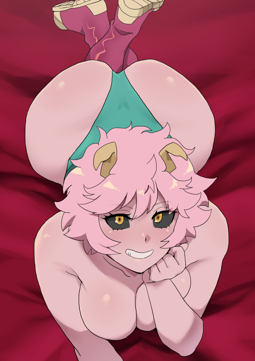 1girl absurdres ashido_mina ass black_sclera boku_no_hero_academia boots breasts colored_sclera colored_skin highres horns huge_ass large_breasts looking_at_viewer lying minakami_(flyingman555) on_stomach panties pink_hair pink_skin smile solo underwear wide_hips yellow_eyes
