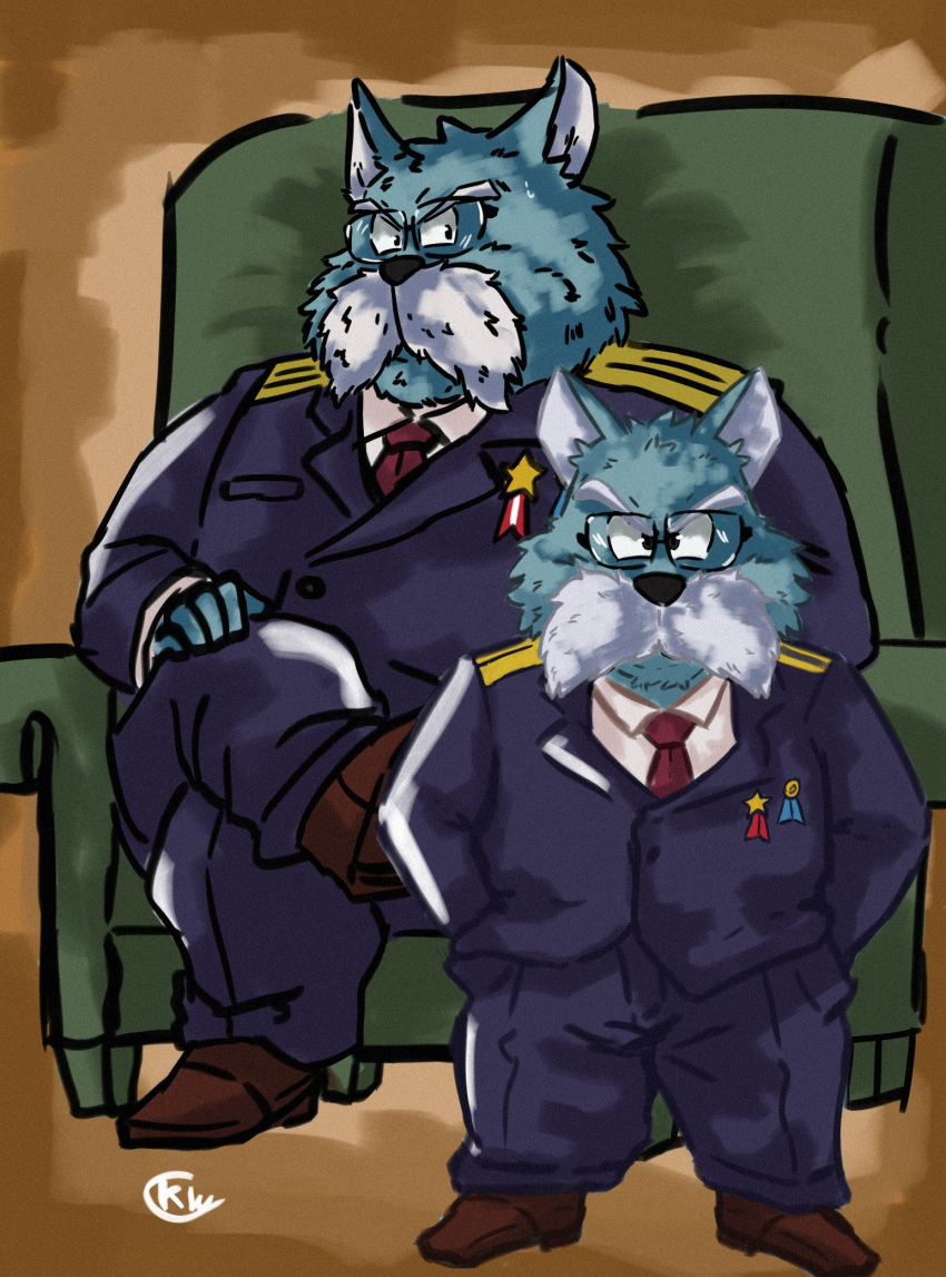 2022 anthro blue_body blue_fur bottomwear canid canine canis clothing domestic_dog dragon_ball eyewear facial_hair fur furniture glasses hi_res kerim_will king_furry male mammal mature_male mustache necktie pants shirt sitting sofa solo topwear