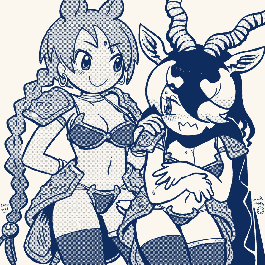 2girls animal_ears antelope_ears antelope_horns arm_behind_back armor bangs beads bikini_armor blackbuck_(kemono_friends) blush braid braided_ponytail breasts c: cape cleavage closed_mouth cosplay covering covering_breasts earrings embarrassed facial_mark forehead_mark hair_beads hair_ornament hair_over_one_eye hand_on_another's_shoulder hands_up highres horizontal_pupils horns inada_roku indian_rhinoceros_(kemono_friends) indian_rhinoceros_(kemono_friends)_(cosplay) jewelry kemono_friends kemono_friends_3 long_bangs long_braid long_hair looking_at_another medium_hair monochrome multicolored_hair multiple_girls navel neck_ring revealing_clothes rhinoceros_ears rhinoceros_girl shoulder_armor single_braid smile stomach sweat swept_bangs tail tan thighhighs two-tone_hair very_long_hair wavy_mouth