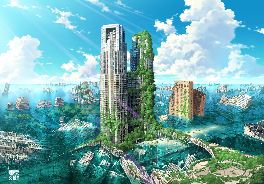 abandoned absurdres blue_sky cloud commentary_request day dilapidated flood highres horizon no_humans ocean original outdoors overgrown post-apocalypse road ruins scenery sky tokyo_(city) tokyo_metropolitan_government_building tokyogenso water window