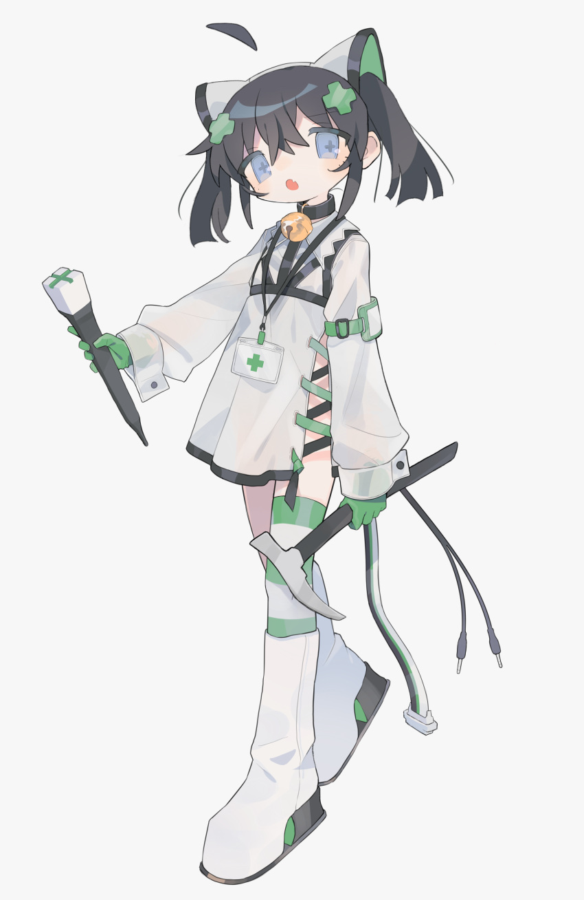 +_+ 1girl absurdres animal_ears armband audio_jack bangs bell black_collar black_hair black_ribbon blue_eyes boots bra_over_clothes cable cable_tail cat_ears chisel collar collared_dress cross daizu_(melon-lemon) detached_ahoge dress fake_animal_ears fang full_body gloves green_gloves green_legwear green_ribbon hair_between_eyes hair_ornament hairpods hammer highres holding holding_chisel holding_hammer horizontal_stripes id_card jingle_bell lanyard long_sleeves looking_at_viewer mechanical_tail neck_bell open_mouth original platform_boots ribbon ribbon_cable short_hair side_slit simple_background single_thighhigh sleeve_cuffs sleeves_past_wrists solo standing striped striped_legwear symbol-shaped_pupils tail thighhighs twintails white_background white_dress white_footwear x_hair_ornament