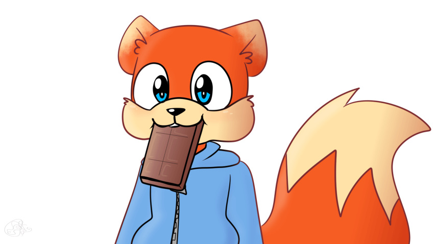 animated anthro blue_eyes candy chewing chipmunk chocolate chocolate_bar clothed clothing conker conker's_bad_fur_day daww dessert eating eating_food food food_in_mouth fur ground_squirrel headshot_portrait hi_res looking_at_viewer male mammal portrait rareware rodent sciurid simple_background smile solo teeth tree_squirrel video_games white_background yoshiyoshi700