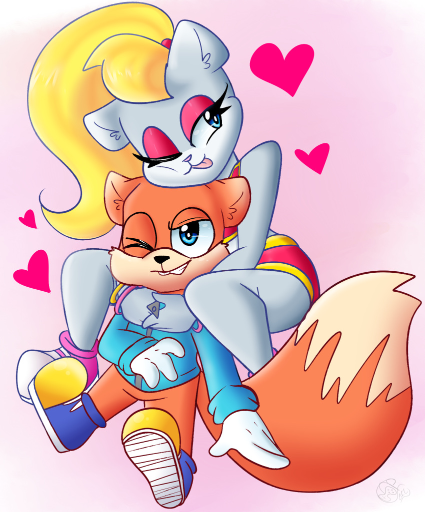 &lt;3 anthro berri blonde_hair blue_eyes canon_couple chipmunk clothed clothing conker conker's_bad_fur_day crouching daww duo embrace female fur grin ground_squirrel hair hi_res hug hugging_from_behind looking_at_viewer love male male/female mammal narrowed_eyes one_eye_closed rareware rodent romantic romantic_ambiance romantic_couple sciurid sitting smile standing tongue tongue_out tree_squirrel video_games wink yoshiyoshi700