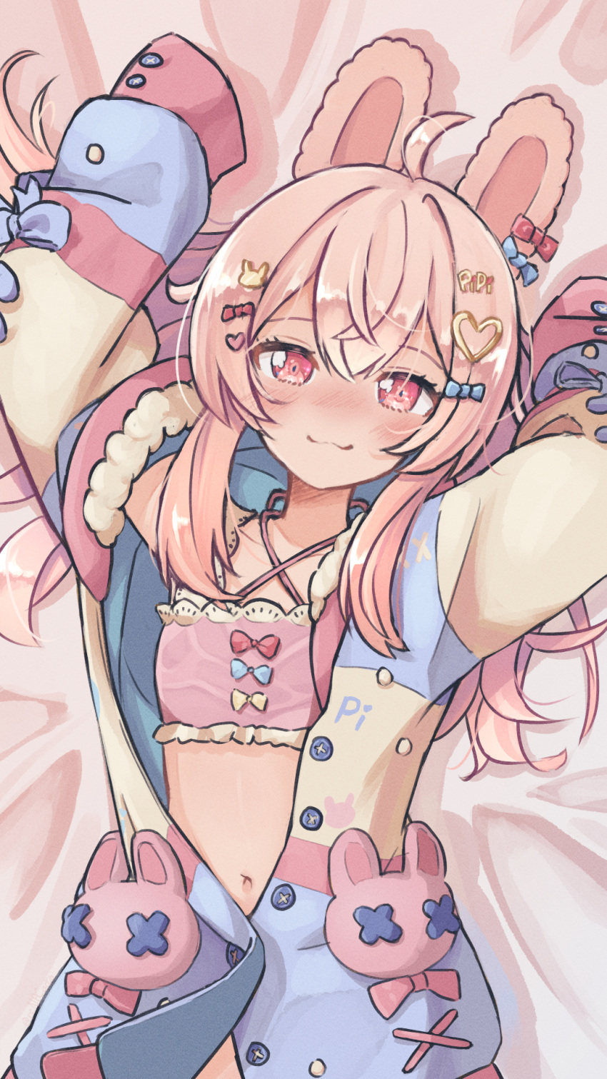 1girl :3 animal_ears bangs blush breasts bunny_hair_ornament buttons closed_mouth collarbone cowlick criss-cross_halter ear_ribbon hair_ornament halterneck heart heart_hair_ornament highres hood hoodie long_hair long_sleeves looking_at_viewer multicolored_clothes navel on_bed phase_connect pink_eyes pink_hair pipkin_pippa rabbit_ears renpc sidelocks sleeves_past_fingers sleeves_past_wrists small_breasts smile solo strapless tube_top unbuttoned upper_body virtual_youtuber