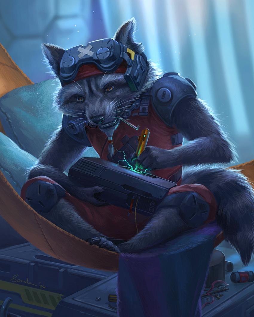 2022 anthro black_lips brown_eyes clothed clothing digital_media_(artwork) eyebrows eyelashes eyewear eyewear_on_head feet fingers fur goggles goggles_on_head grey_body grey_fur guardians_of_the_galaxy hi_res lips male mammal marvel notched_ear orange_eyes procyonid raccoon rocket_raccoon sandara smile solo toes whiskers