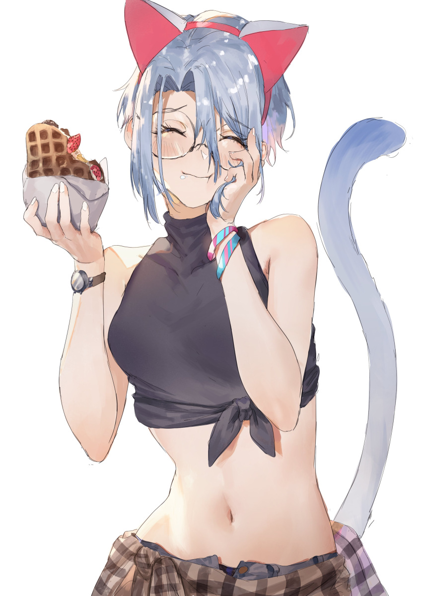 1girl ^_^ absurdres animal_ears aochoku bare_shoulders black_shirt blush breasts cat_ears cat_tail closed_eyes closed_mouth clothes_around_waist eating fake_animal_ears food food_on_face glasses grey_hair hairband hand_on_own_cheek hand_on_own_face hands_up highres midriff navel original parted_lips round_eyewear shirt short_hair simple_background sleeveless sleeveless_shirt small_breasts solo tail tied_shirt turtleneck waffle watch white_background wristband wristwatch
