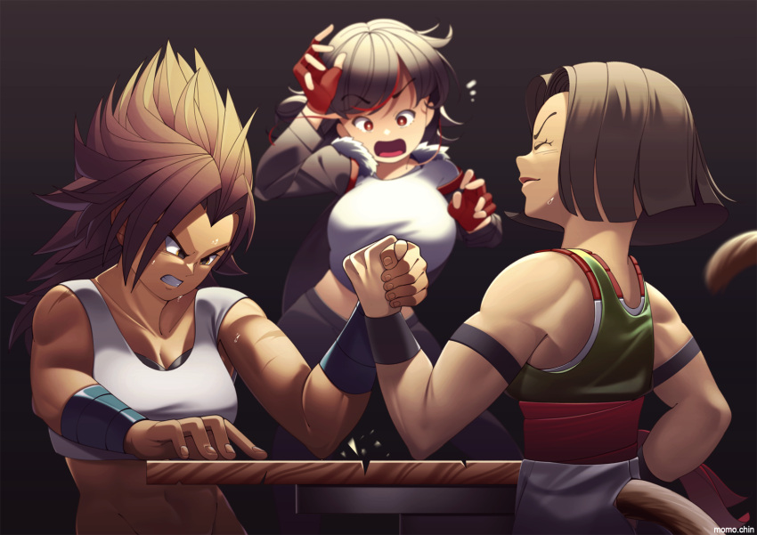 3girls arm_wrestling armband artist_name bangs black_background black_hair black_jacket black_wristband blue_wristband blunt_ends breasts brown_hair clenched_teeth closed_eyes closed_mouth commission cropped_shirt curtained_hair d: english_commentary fingerless_gloves fingernails fur_collar gloves green_tank_top highres jacket long_hair medium_breasts momochin multicolored_hair multiple_girls muscular muscular_female notice_lines open_mouth original parted_bangs red_eyes red_gloves scar scar_on_arm shirt short_hair sleeveless sleeveless_shirt spiked_hair sports_bra streaked_hair sweat tail tank_top teeth toned white_shirt wide-eyed widow's_peak wristband