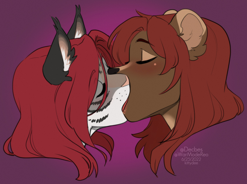 2022 brown_body brown_fur digital_media_(artwork) duo eyes_closed felid feline fur hair kissing kittydee mammal red_hair simple_background ursid