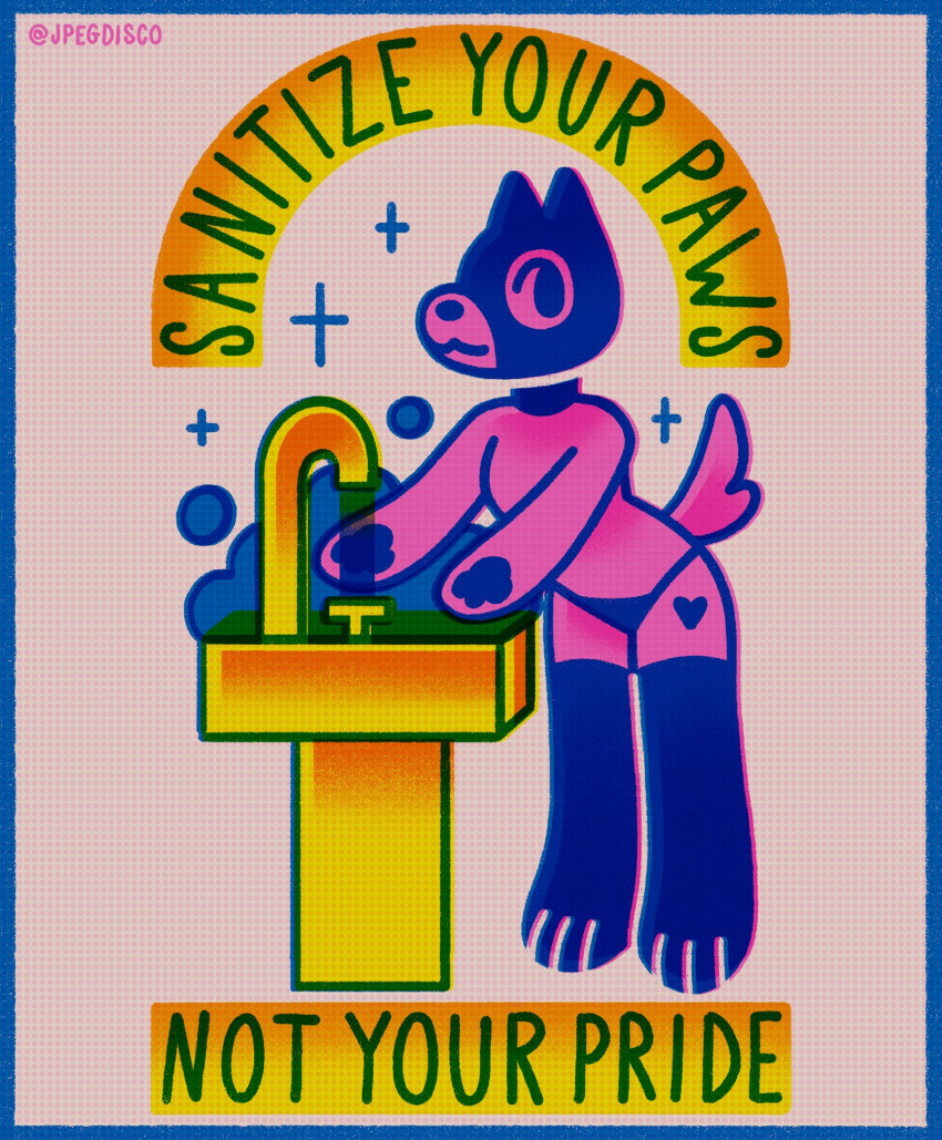 &lt;3 2022 anthro blue_border border canid canine clothing dotted_background english_text hi_res jpegdisco legwear lgbt_history_month lgbt_pride looking_at_viewer male mammal mask pattern_background pawpads pink_background public_service_announcement simple_background sink smile soap solo standing suds tattoo text thigh_highs thong underwear url washing_hands water