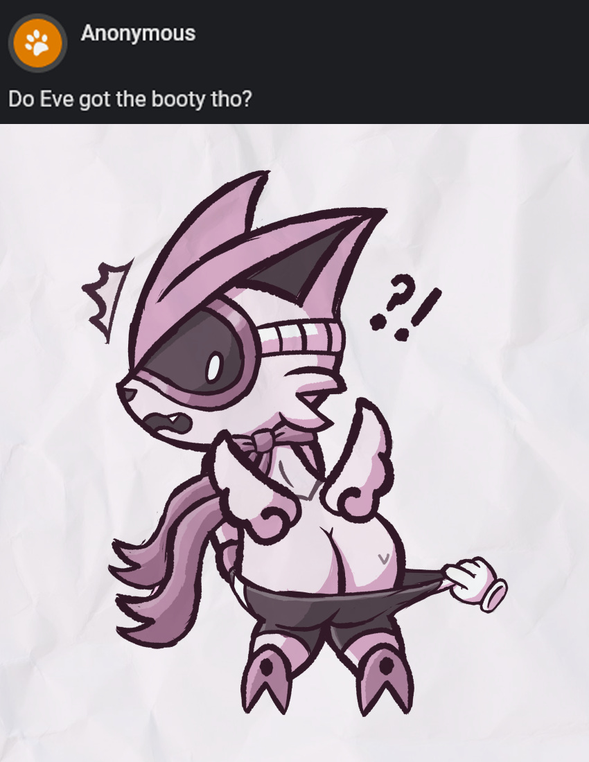 absurd_res anthro bottomwear bottomwear_pull butt butt_focus cheek_tuft clothing clothing_pull cute_fangs disembodied_hand embarrassed eve_(maskedfurry) eyewear facial_tuft fangs female fur goggles hi_res legendary_pok&eacute;mon markings maskedfurry mitten_hands mole_(marking) monochrome nintendo pink_body pink_fur pok&eacute;mon pok&eacute;mon_(species) rear_view scarf shocked shorts shorts_pull simple_background solo spandex_shorts surprise tuft victini video_games wings