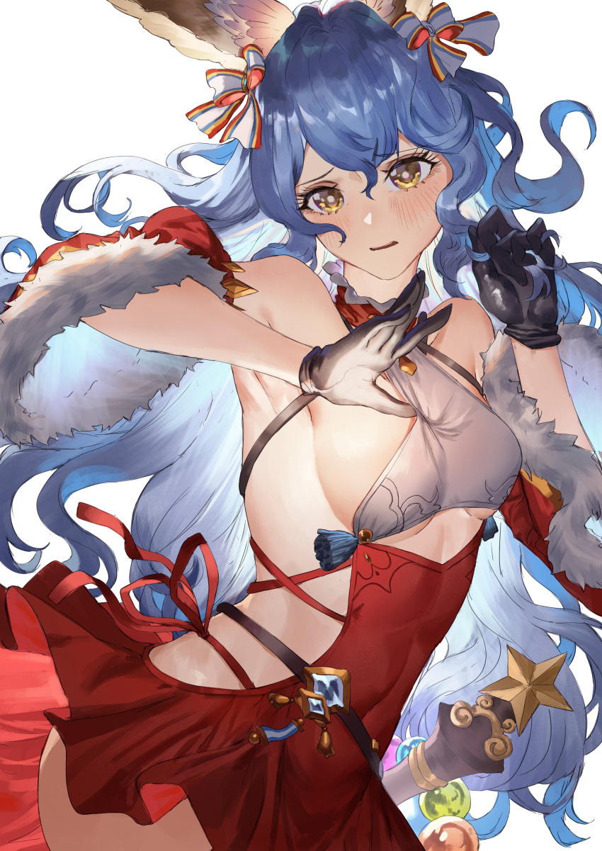 1girl absurdres animal_ears aochoku armpits black_gloves blue_eyes blue_hair blush bow breasts covered_navel dress ferry_(granblue_fantasy) gloves granblue_fantasy hair_bow hair_ribbon hand_in_own_hair highres long_hair looking_at_another parted_lips red_dress ribbon self_exposure small_breasts solo thighs very_long_hair white_background