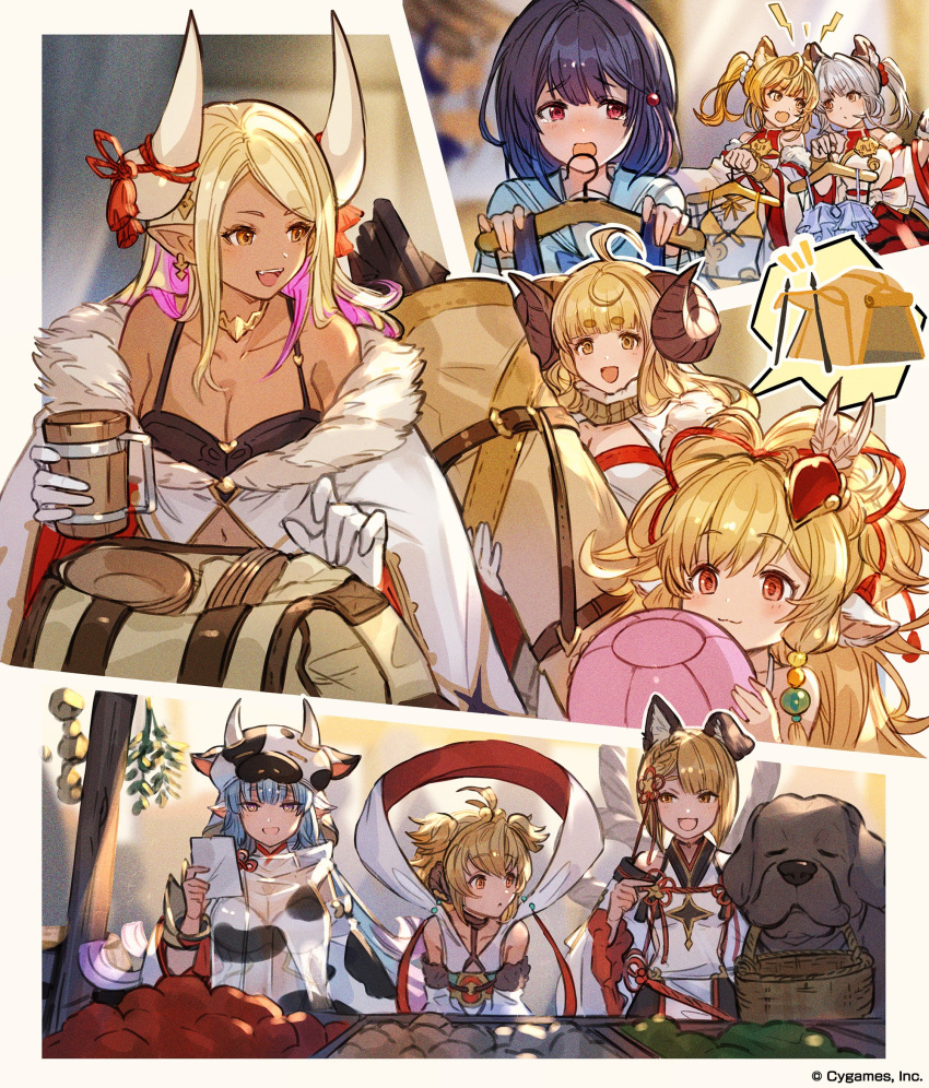 6+girls :3 =_= ahoge andira_(granblue_fantasy) anila_(granblue_fantasy) animal_ears animal_print artist_request backers_(pokemon) backpack bag bai_(granblue_fantasy) ball bare_shoulders beachball black_hair blonde_hair breasts catura_(granblue_fantasy) cidala_(granblue_fantasy) cleavage clothes_hanger cow_print cup detached_sleeves dog dog_ears draph earrings erune garjana gloves granblue_fantasy grey_hair hair_ornament hairclip harvin highres hikimayu horns huang_(granblue_fantasy) jewelry kumbhira_(granblue_fantasy) large_breasts long_hair mahira_(granblue_fantasy) medium_hair monkey_ears mug multiple_girls official_art open_mouth plate pointy_ears ponytail red_eyes scrunchie shawl short_hair siblings smile swimsuit tent tiger_ears twins twintails vajra_(granblue_fantasy) white_gloves