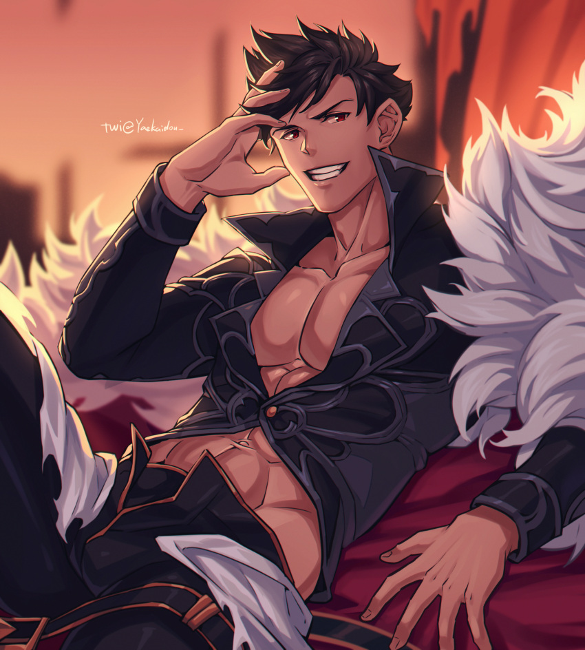 1boy abs belial_(granblue_fantasy) belt belt_removed black_hair black_shirt feather_boa granblue_fantasy hand_on_own_face highres looking_at_viewer lying male_focus muscular muscular_male open_pants pants pectoral_cleavage pectorals red_eyes shirt short_hair smile sunset yaosan233