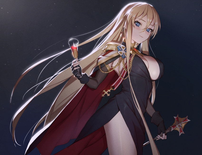 1girl aiguillette azur_lane bismarck_(azur_lane) bismarck_(beacon_of_the_iron_blood)_(azur_lane) bismarck_(coat_of_arms) black_background black_gloves blonde_hair blue_eyes breasts coat_of_arms cocktail_dress cowboy_shot dress epaulettes evening_gown fingerless_gloves from_below gloves guihuo_inferno hair_between_eyes highres holding holding_scepter large_breasts long_hair looking_at_viewer looking_down official_alternate_costume scepter shoulder_cape simple_background single_epaulette solo very_long_hair