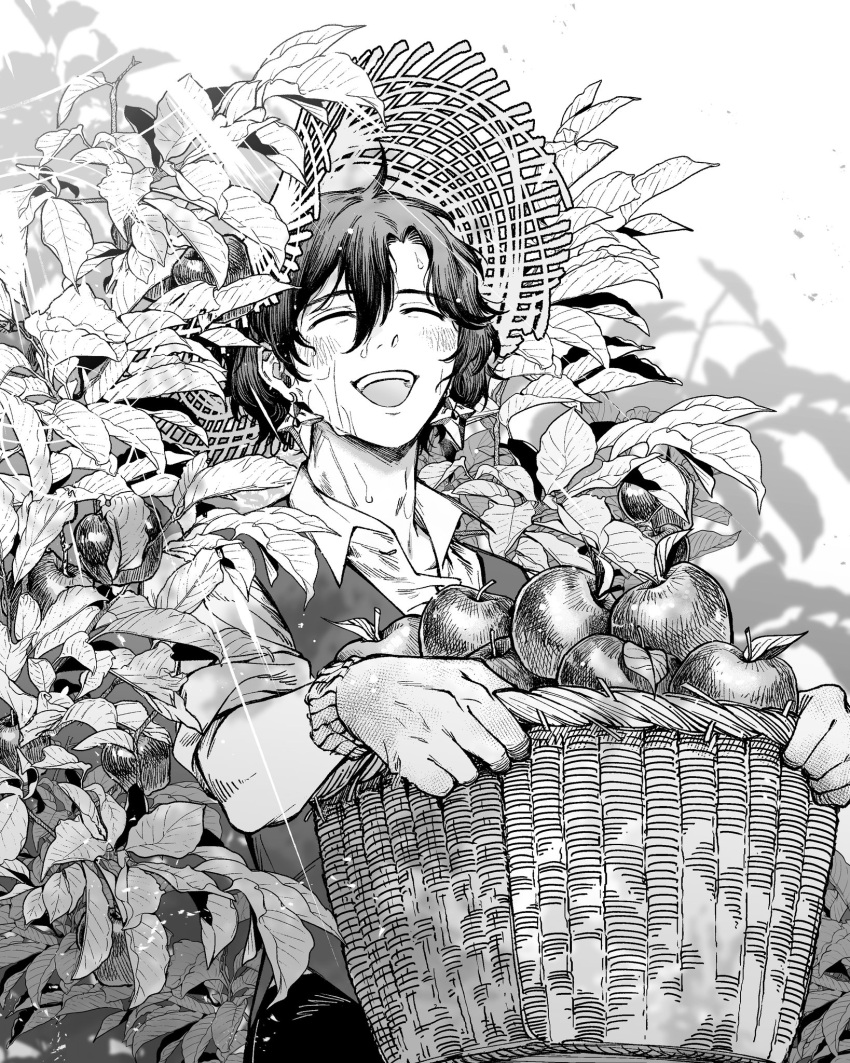 1boy :d apple apple_tree basket closed_eyes collared_shirt constantine_xi_(fate) earrings facing_viewer fate/grand_order fate_(series) food fruit fruit_basket fruit_tree greyscale hair_between_eyes happy harvest hat highres holding holding_basket jewelry male_focus monochrome open_collar shirt shooou_0104 short_hair sleeves_rolled_up smile solo straw_hat sunlight sweat teeth tree upper_body upper_teeth vest water wristband