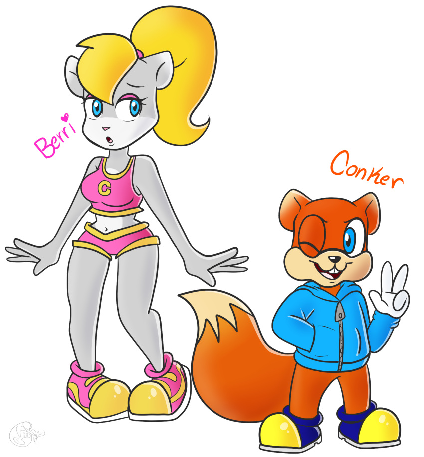 &lt;3 anthro berri big_breasts blonde_hair blue_eyes breasts canon_couple chipmunk clothed clothing conker conker's_bad_fur_day duo english_text female fur gesture ground_squirrel hair hi_res larger_female male male/female mammal narrowed_eyes one_eye_closed open_mouth open_smile rareware rodent sciurid simple_background size_difference smaller_male smile standing taller_female teeth text tree_squirrel v_sign video_games white_background wide_hips wink yoshiyoshi700