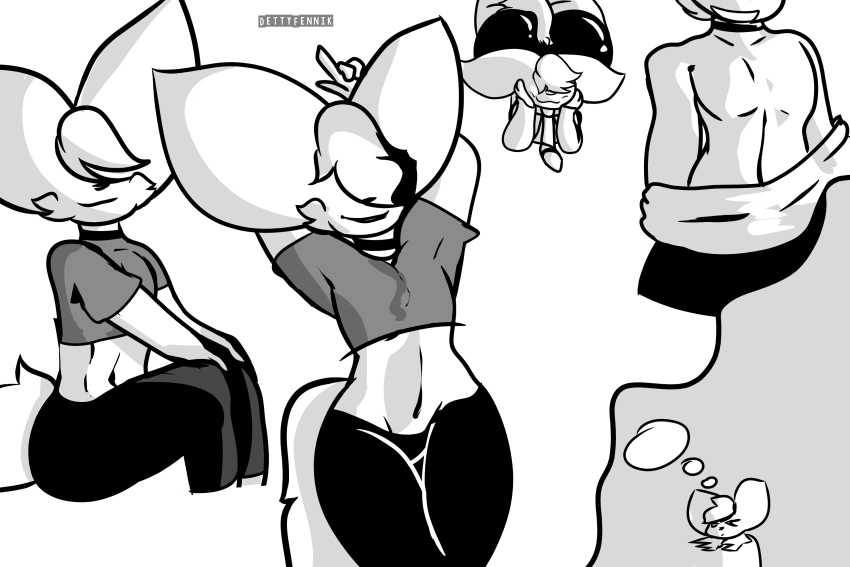 anthro big_breasts black_and_white breasts butt canid canine clothed clothing dettyfenik different_angles fennec fox fur girly hair hi_res jackmeowy looking_at_viewer male male/male mammal monochrome muscular muscular_male open_mouth simple_background smile solo white_background