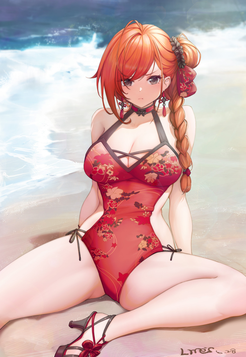 1girl :t absurdres ahoge arisugawa_natsuha bare_legs beach braid braided_ponytail breasts chinese_clothes cleavage floral_print hair_bun high_heels highres idolmaster idolmaster_shiny_colors large_breasts looking_at_viewer lrrer on_ground one-piece_swimsuit orange_hair outdoors pout red_swimsuit side-tie_swimsuit side_ponytail single_side_bun sitting solo spread_legs swimsuit