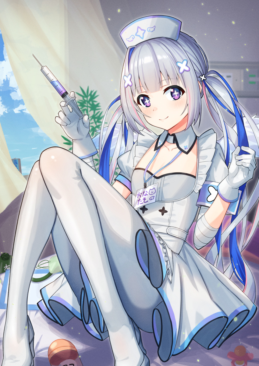 1girl amane_kanata bed blue_sky blush closed_mouth cloud cloudy_sky gloves grey_hair hair_ornament hairclip hat high_heels highres holding holding_syringe hololive long_hair looking_at_viewer nurse nurse_cap open_window pantyhose purple_eyes sitting sky smile sparkle syringe toketa_(toketa15) twintails virtual_youtuber white_footwear white_gloves white_headwear white_legwear window x_hair_ornament
