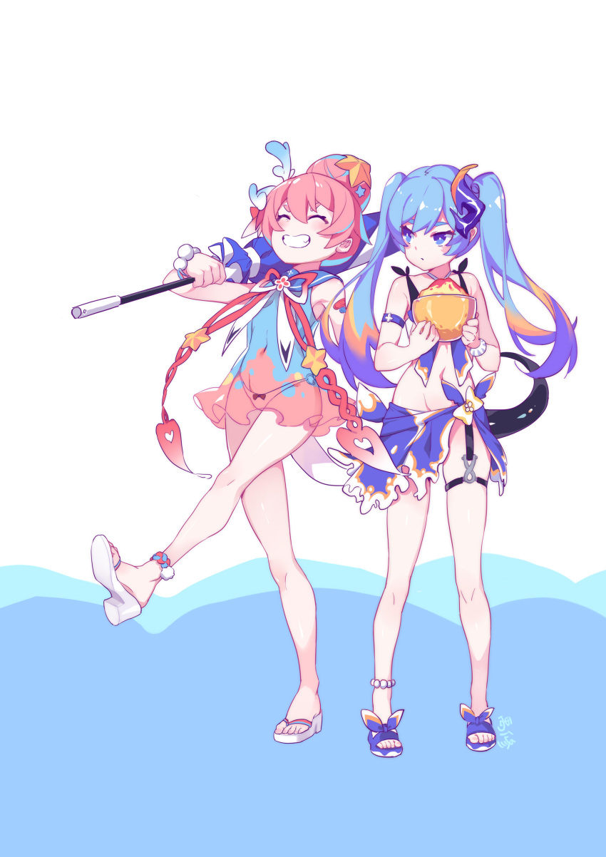 2girls :d absurdres anklet bangs beach_umbrella bikini blue_eyes blue_hair bowl closed_eyes closed_mouth error flip-flops food full_body grin hair_bun hair_ornament highres holding holding_bowl holding_umbrella honkai_(series) honkai_impact_3rd ice_cream jewelry liliya_olenyeva multiple_girls navel pink_hair rozaliya_olenyeva sandals see-through see-through_shirt shirt siblings sleeveless sleeveless_shirt smile standing starfish_hair_ornament summer_uniform swimsuit teeth toes twins twintails umbrella wrong_feet yu_xiu