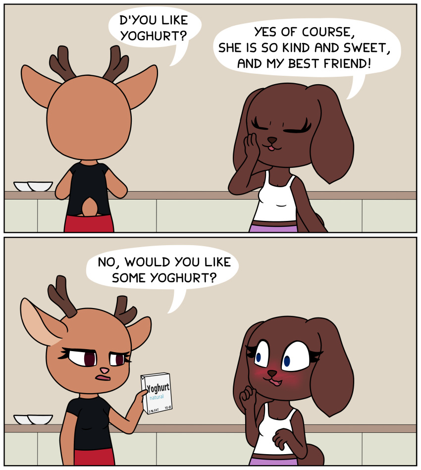 2022 2_panel_comic 4_fingers absurd_res anthro antlers big_eyes biped bird_dog black_clothing black_shirt black_topwear blue_eyes blush bottomwear breasts brown_body brown_fur canid canine canis capreoline cervid cleavage clothed clothing cocker_spaniel comic cute_fangs dairy_products dialogue digital_media_(artwork) dog_ears domestic_dog duo embarrassed english_text evelyn_(pazymomo) eyelashes female ferra_(pazymomo) fingers food fur hi_res holding_object horn hunting_dog inside kitchen mammal open_mouth pazymomo purple_bottomwear purple_clothing purple_shorts red_body red_eyes red_skin reindeer shirt shorts small_iris smile spaniel tank_top text topwear white_clothing white_shirt white_tank_top white_topwear yogurt