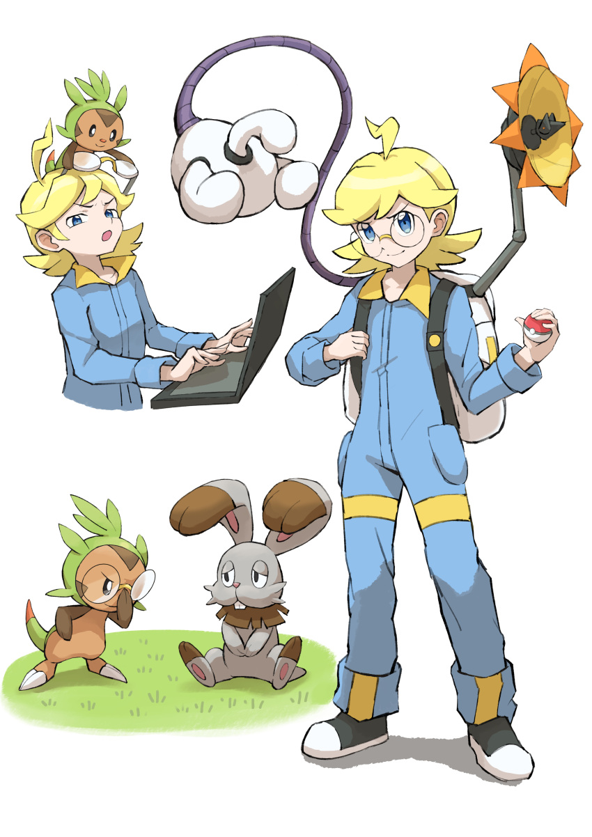 1boy absurdres ahoge backpack bag black_footwear blonde_hair blue_jumpsuit bunnelby chespin clemont_(pokemon) commentary_request computer eko000ohce glasses grass highres holding holding_poke_ball jumpsuit laptop long_sleeves male_focus mechanical_arms medium_hair on_head poke_ball poke_ball_(basic) pokemon pokemon_(anime) pokemon_(creature) pokemon_on_head pokemon_xy_(anime) round_eyewear shoes squinting standing white_bag