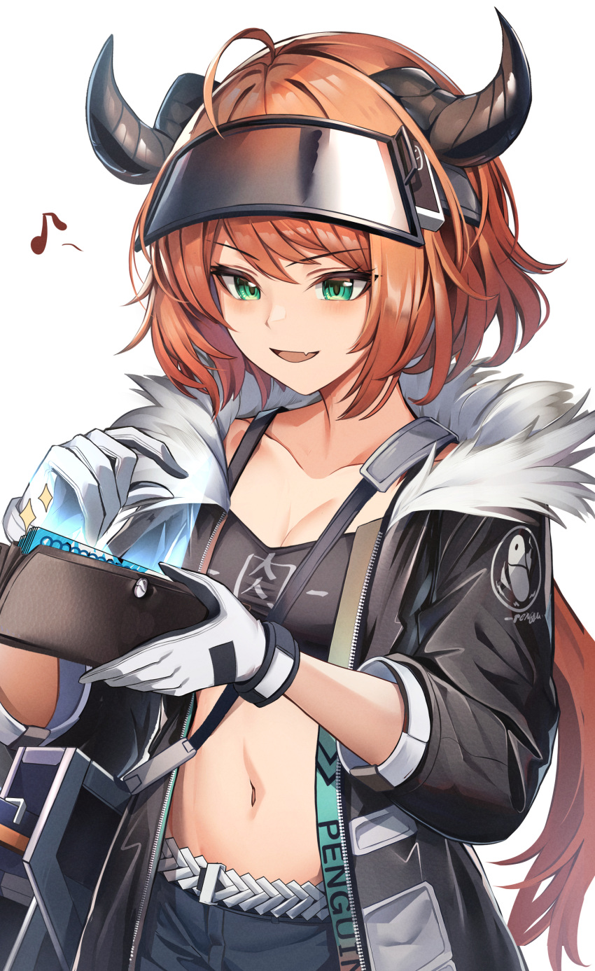 1girl absurdres ahoge arknights belt black_bandeau black_jacket black_shorts blush breasts cleavage cow_girl cow_horns croissant_(arknights) fang fur-trimmed_jacket fur_trim gloves green_eyes highres holding holding_wallet horns jacket long_hair lungmen_dollar midriff musical_note open_mouth orange_hair penguin4 ponytail shorts skin_fang sleeves_past_elbows small_breasts solo upper_body visor wallet white_belt white_gloves