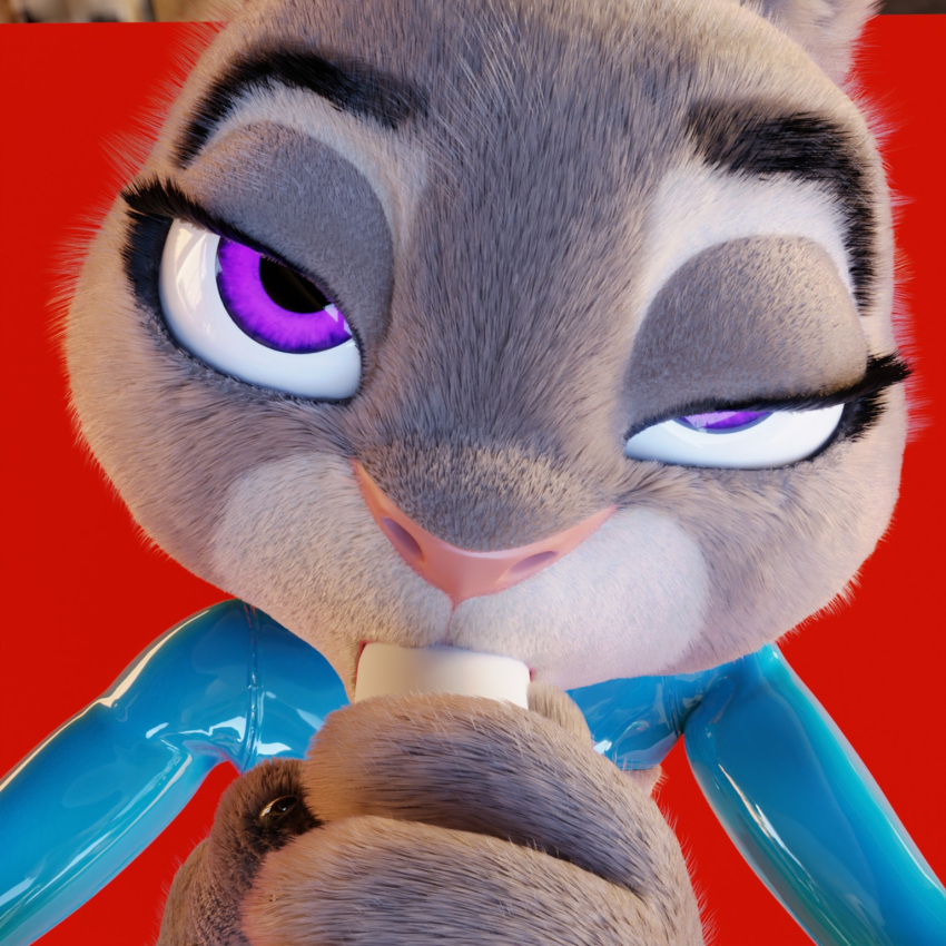 3d_(artwork) anthro clothing digital_media_(artwork) disney eyebrows eyelashes fellatio female fur grey_body grey_fur half-closed_eyes hi_res judy_hopps lagomorph leporid looking_at_viewer mammal narrowed_eyes oral penile pink_nose pochemu purple_eyes rabbit red_background rubber rubber_clothing sex simple_background solo sucking zootopia