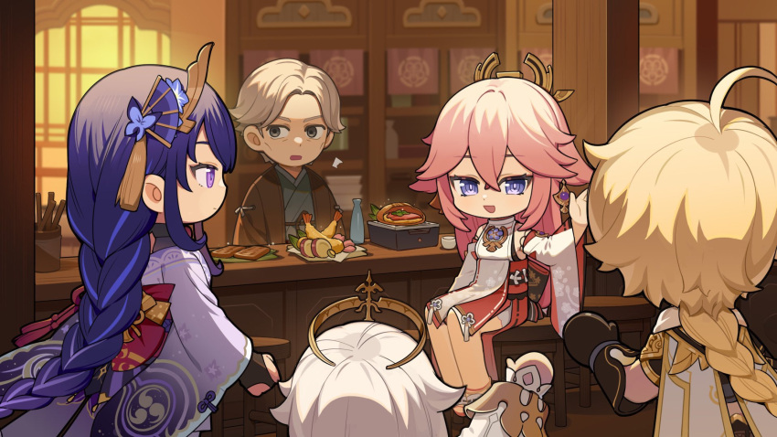 2boys 3girls aether_(genshin_impact) animal_ears black_gloves blonde_hair braid bridal_gauntlets brown_gloves butterfly_hair_ornament chibi earrings elbow_gloves floppy_ears flower food fox_ears genshin_impact gloves hair_flower hair_ornament halo highres japanese_clothes jewelry kimono kitsune long_sleeves looking_at_another low_ponytail multiple_boys multiple_girls nontraditional_miko official_art paimon_(genshin_impact) pink_hair purple_eyes purple_hair purple_kimono raiden_shogun ribbon-trimmed_sleeves ribbon_trim single_braid sitting tassel_hair_ornament tempura vision_(genshin_impact) white_hair wide_sleeves yae_miko