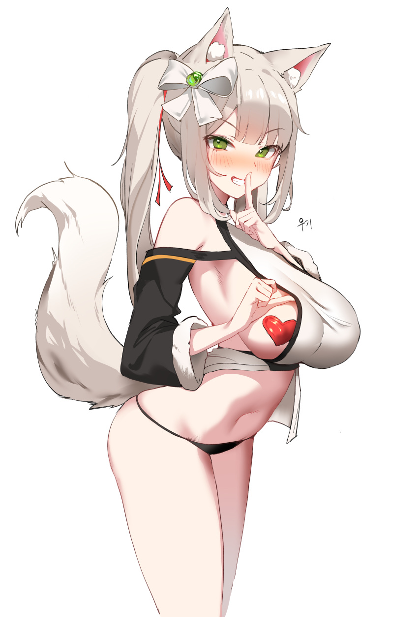 1girl absurdres animal_ears armpits artist_request bare_shoulders black_panties blush bow breasts commission cowboy_shot crop_top finger_to_mouth fox_ears fox_girl fox_tail green_eyes grin hair_bow heart_pasties highres large_breasts long_hair long_sleeves looking_at_viewer naughty_face navel no_pants nose_blush off_shoulder original panties pasties ponytail second-party_source shirt shushing smile solo standing stomach string_panties tail tail_raised taut_clothes taut_shirt thighs underwear white_hair white_shirt