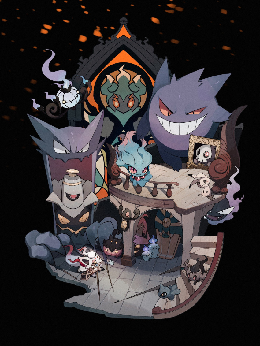 black_background chandelure cofagrigus commentary crack dusknoir duskull fence gastly gengar gourgeist grin haunter highres hisuian_zorua lanjiujiu litwick marshadow mimikyu misdreavus no_humans orange_eyes phantump pillar pokemon pokemon_(creature) pumpkaboo shuppet smile stairs teeth yamask