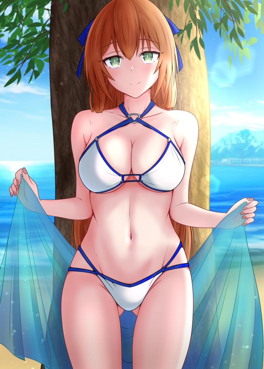 1girl absurdres against_tree ass_visible_through_thighs beach bikini blue_bow blue_ribbon blurry blush bokeh bow breasts brown_hair cleavage depth_of_field girls'_frontline gotoo green_eyes groin hair_bow highres large_breasts long_hair looking_at_viewer navel ribbon sand sarong smile solo springfield_(girls'_frontline) swimsuit thighs tree water white_bikini