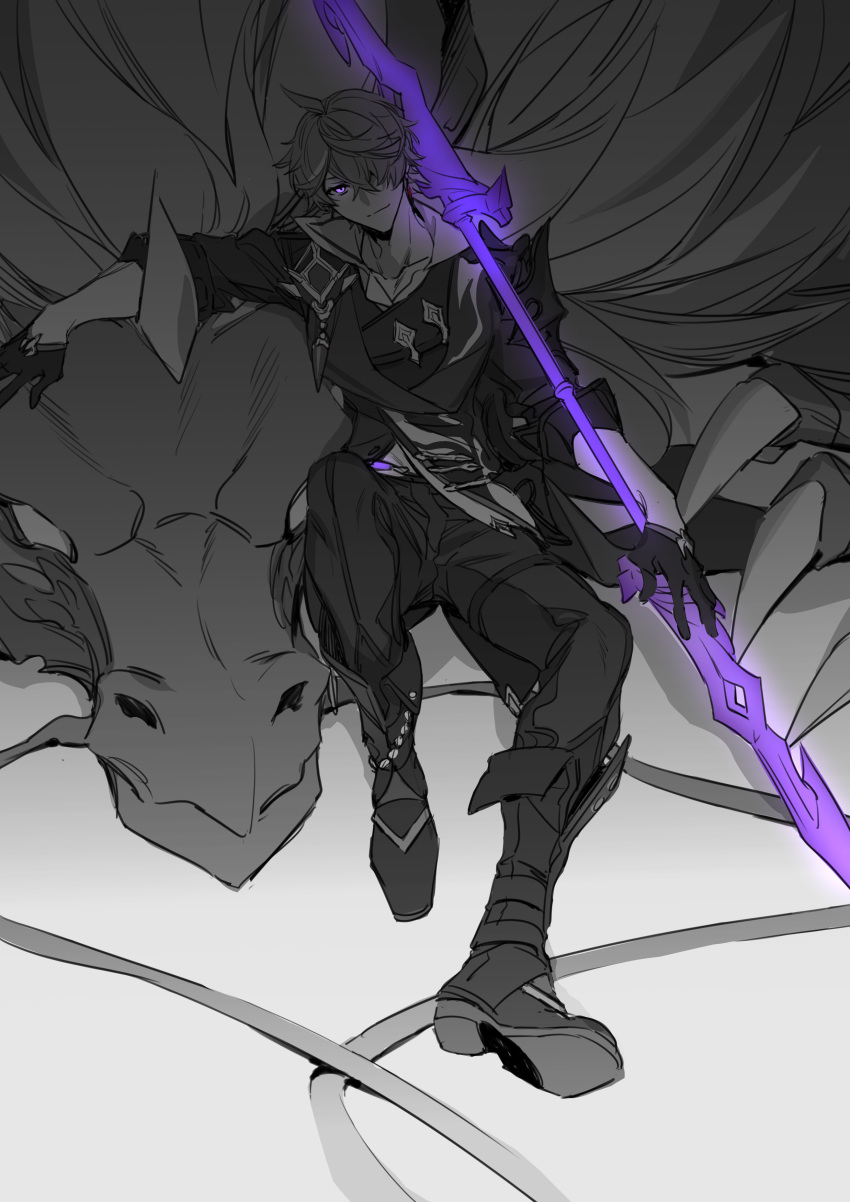 1boy absurdres bangs boots claws closed_mouth dragon earrings genshin_impact gloves glowing glowing_weapon greyscale hair_over_one_eye highres holding holding_polearm holding_weapon jacket jewelry looking_at_viewer male_focus monochrome pants polearm purple_eyes rex_lapis_(genshin_impact) simple_background single_earring sitting spot_color tartaglia_(genshin_impact) weapon xia_(ryugo)