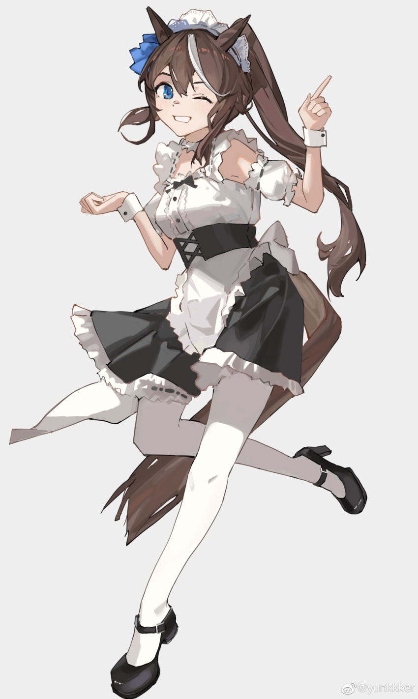 1girl ;d absurdres alternate_costume animal_ears apron arm_garter bangs black_footwear black_skirt blue_eyes breasts brown_hair center_frills ciloranko commentary corset enmaided frills full_body grey_background grin high_heels highres horse_ears horse_girl horse_tail index_finger_raised long_hair maid maid_apron maid_headdress mary_janes multicolored_hair one_eye_closed ponytail shoes simple_background skirt small_breasts smile solo streaked_hair tail teeth tokai_teio_(umamusume) umamusume white_legwear wrist_cuffs yunkkker