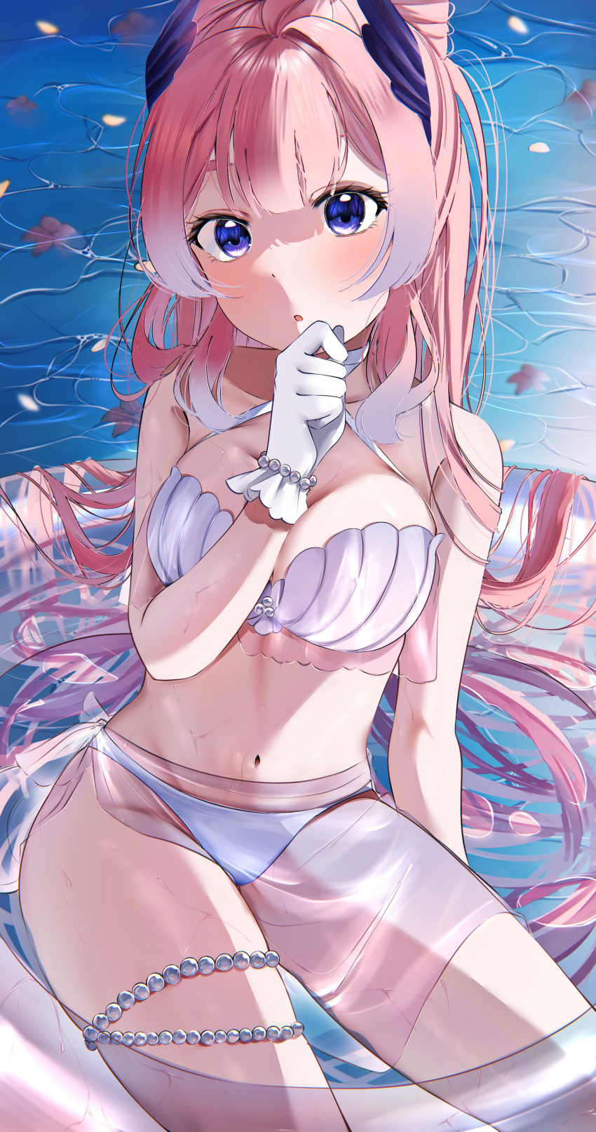 :o absurdres arm_between_breasts bangs bare_shoulders beads between_breasts bikini blue_eyes blunt_bangs blush breasts flower genshin_impact gloves hair_ornament highres long_hair looking_at_viewer medium_breasts navel ocean partially_submerged pink_hair ponytail sangonomiya_kokomi sarong shell shell_bikini swimsuit water wet white_bikini white_gloves yura_458