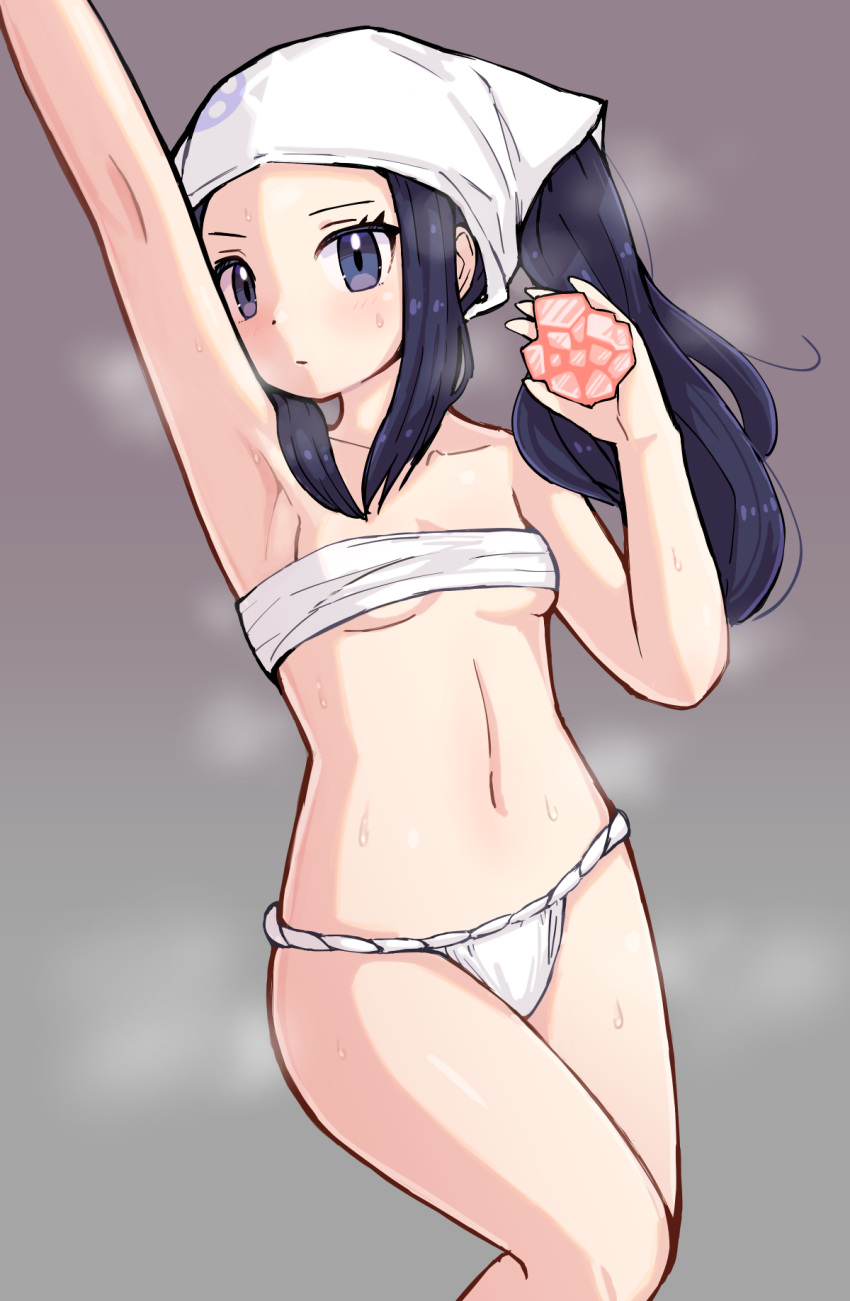 1girl akari_(pokemon) arm_up armpits bandages black_hair breasts chest_sarashi closed_mouth clothing_request collarbone commentary_request eyelashes grey_background grey_eyes head_scarf highres holding kutabireta_neko long_hair navel pokemon pokemon_(game) pokemon_legends:_arceus ponytail sarashi sidelocks solo steam sweat white_headwear