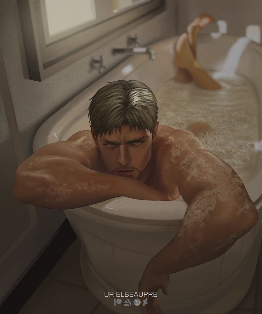 1boy artist_name bara bathing bathtub blonde_hair closed_mouth completely_nude facial_hair highres legs_folded legs_up looking_at_viewer lying male_focus muscular muscular_male nude on_stomach reiner_braun shingeki_no_kyojin short_hair solo urielbeaupre15 wet wet_hair