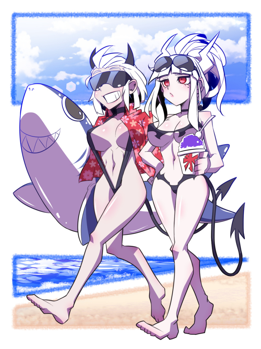 2girls beach bikini black_bikini black_horns black_tail blue_sky breasts cloud commentary_request cup demon_girl demon_horns demon_tail eyewear_on_head floral_print hand_on_hip hawaiian_shirt helltaker highres holding holding_cup horns ice_cream_cup inflatable_shark inflatable_toy jin_(mugenjin) justice_(helltaker) large_breasts lens_flare lucifer_(helltaker) mole mole_under_eye multiple_girls navel outdoors ponytail red_eyes sand shaved_ice shirt short_sleeves sky slingshot_swimsuit smile spoon sunglasses swimsuit tail walking water white_hair white_horns