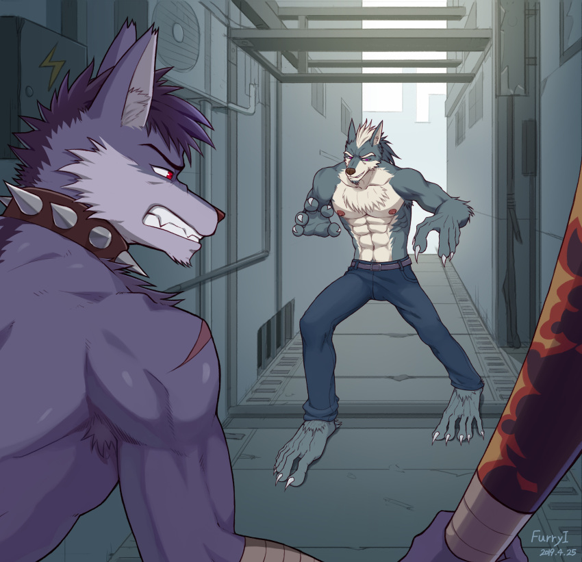 5_toes absurd_res alley angry anthro barefoot baseball_bat bat_(object) bottomwear canid canine canis clothing collar duo feet fight fiool growling hi_res male mammal muscular muscular_male plantigrade spike_(fiool) spiked_collar spikes toes wolf wolf_(fiool)