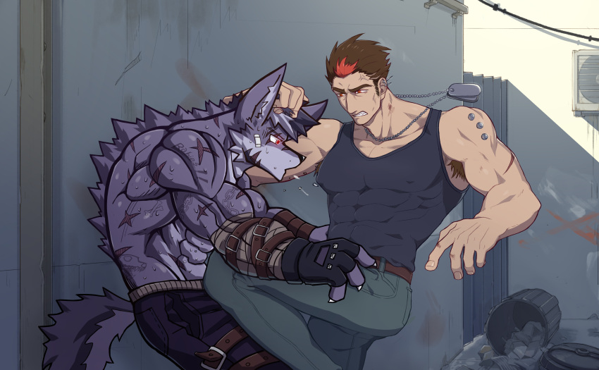absurd_res angry anthro belt bodily_fluids bottomwear bruised canid canine canis clothed clothing dog_tags dominant dominant_human dominant_male duo fight fiool fully_clothed head_grab hi_res human male mammal muscular muscular_male saliva spike_(fiool) wolf wounded