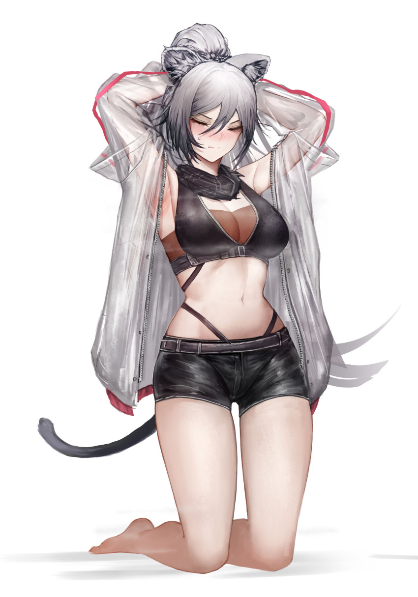 1girl absurdres animal_ear_fluff animal_ears arknights armpits arms_behind_head arms_up bangs bare_legs barefoot black_scarf black_shorts breasts cat_ears cat_tail cleavage closed_eyes commentary crop_top grey_hair hair_between_eyes highres jacket large_breasts long_hair long_sleeves midriff navel onedr open_clothes open_jacket ponytail scarf schwarz_(arknights) short_shorts shorts simple_background sleeveless solo stomach tail thighs white_background