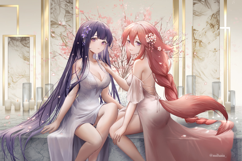 2girls absurdres bangs bare_shoulders blunt_bangs braid braided_ponytail branch breasts candle cleavage deess dress genshin_impact hand_on_another's_shoulder highres hime_cut large_breasts long_hair looking_at_viewer mihaia multiple_girls parted_lips pink_hair purple_eyes purple_hair raiden_shogun sitting smile very_long_hair white_dress yae_miko yuri