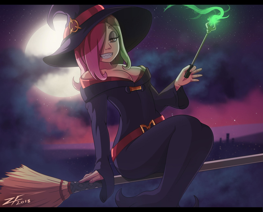 1girl 2018 bare_shoulders breasts broom broom_riding commentary english_commentary gehn94 glowing hair_over_one_eye half-closed_eyes halloween hat highres light little_witch_academia long_hair luna_nova_school_uniform magic medium_breasts moon moonlight pink_hair red_eyes school_uniform sharp_teeth signature smile solo sucy_manbavaran teeth wand witch witch_hat