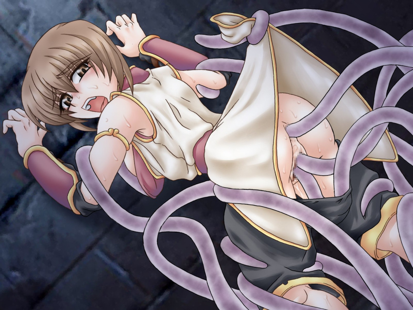 anal blush brown_hair censored champion highres lifted_by_another monk_(ragnarok_online) ootsuki_wataru pulled_by_another ragnarok_online rape shirt_lift shorts shorts_pull solo tentacles vaginal