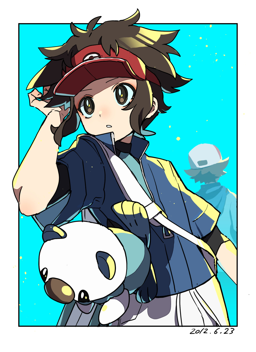 2boys absurdres bag blue_background bodysuit bodysuit_under_clothes border bright_pupils brown_eyes brown_hair commentary_request dated hand_up highres hilbert_(pokemon) jacket looking_to_the_side male_focus mochi_(buchumi10) multiple_boys nate_(pokemon) oshawott outside_border parted_lips pokemon pokemon_(creature) pokemon_(game) pokemon_bw pokemon_bw2 red_headwear short_hair short_sleeves visor_cap white_border