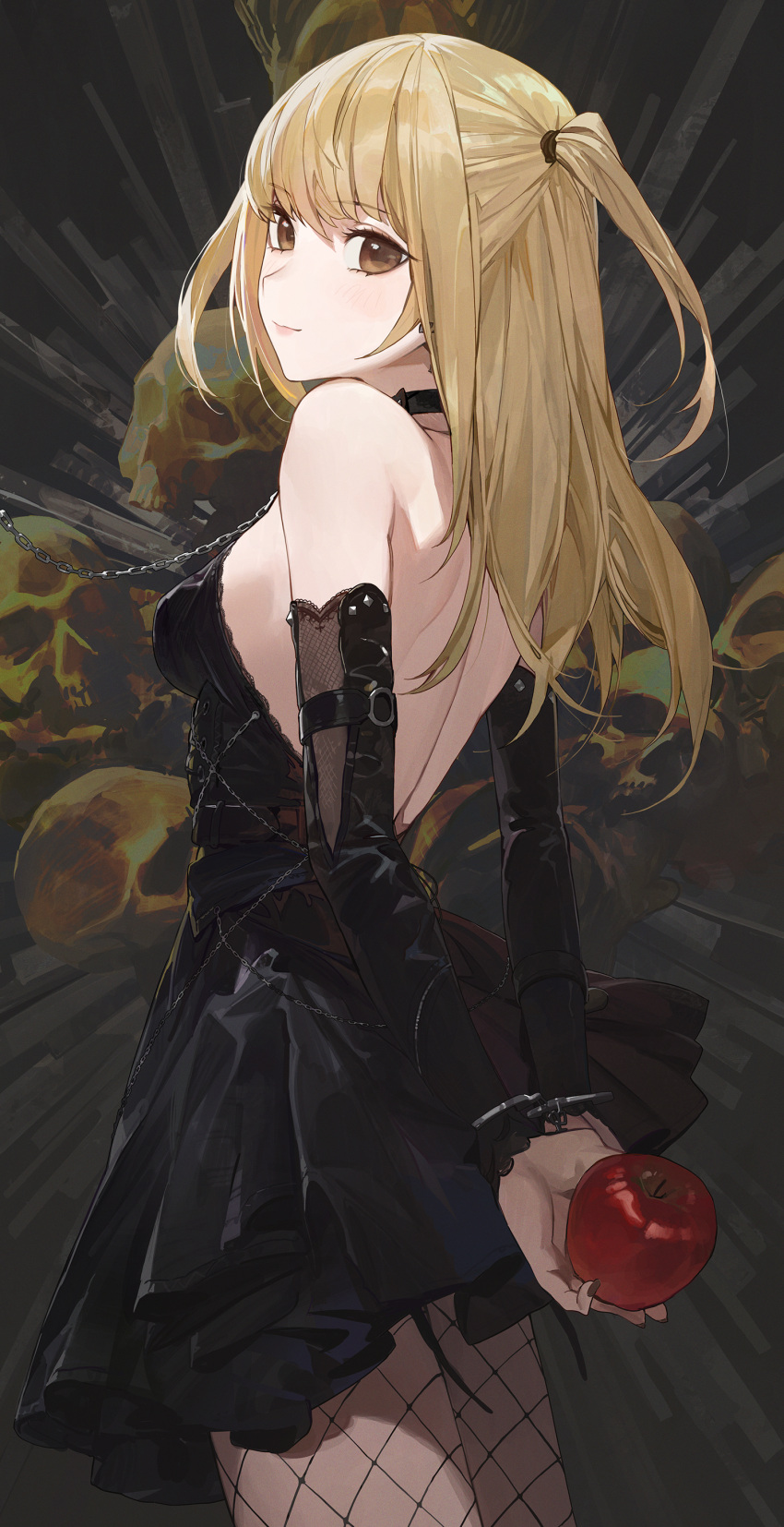 1girl absurdres amane_misa bangs bare_shoulders black_dress blonde_hair breasts brown_eyes chain closed_mouth collar cowboy_shot death_note detached_sleeves dress fishnet_legwear fishnets food from_behind fruit highres holding holding_food holding_fruit leash long_hair long_sleeves looking_at_viewer looking_back modare one_side_up sideboob skull small_breasts smile solo