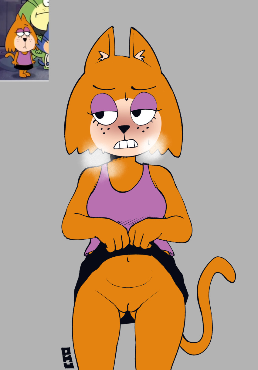 annoyed anthro bottomwear brain_(top_cat) clothed clothing domestic_cat eyelashes felid feline felis female freckles fur genitals hanna-barbera hi_res jellystone_(hbo_max) mammal no_underwear ohu presenting presenting_pussy pussy simple_background skirt solo top_cat_(series) topwear