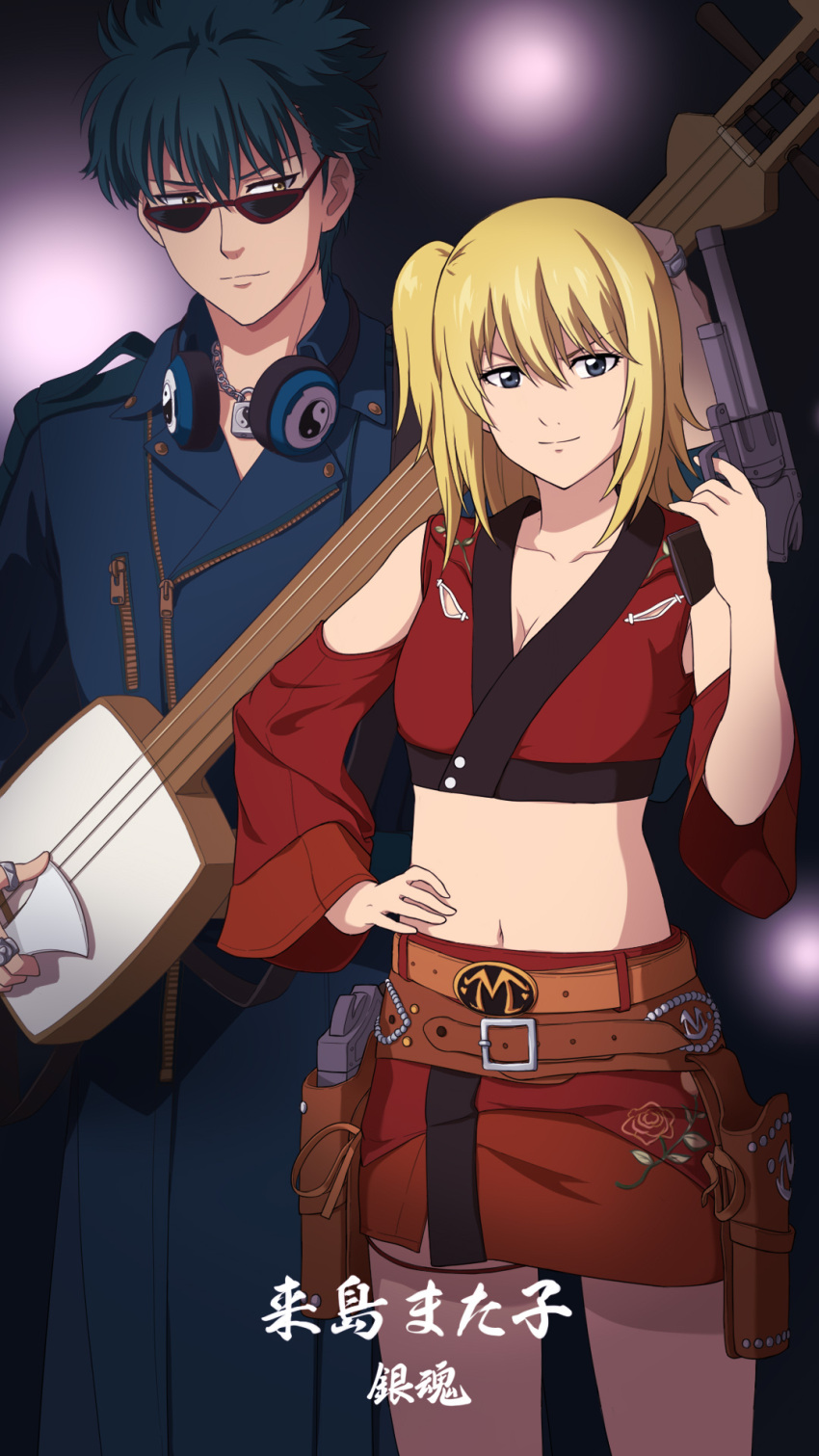 1boy 1girl bangs bare_shoulders belt black_background black_eyes black_hair blonde_hair blue_coat breasts brown_belt cleavage closed_mouth clothing_cutout coat collarbone commentary cowboy_shot crop_top gintama glasses gun hair_between_eyes hand_on_hip hand_up headphones headphones_around_neck highres holding holding_gun holding_instrument holding_weapon holstered_weapon instrument japanese_clothes kawakami_bansai kijima_matako kimono laofuzi_dai_bansho long_sleeves looking_at_viewer midriff miniskirt navel one_side_up red_kimono red_skirt shamisen short_hair shoulder_cutout sidelocks skirt small_breasts standing sunglasses teeth translation_request upper_teeth weapon wide_sleeves yin_yang yin_yang_print